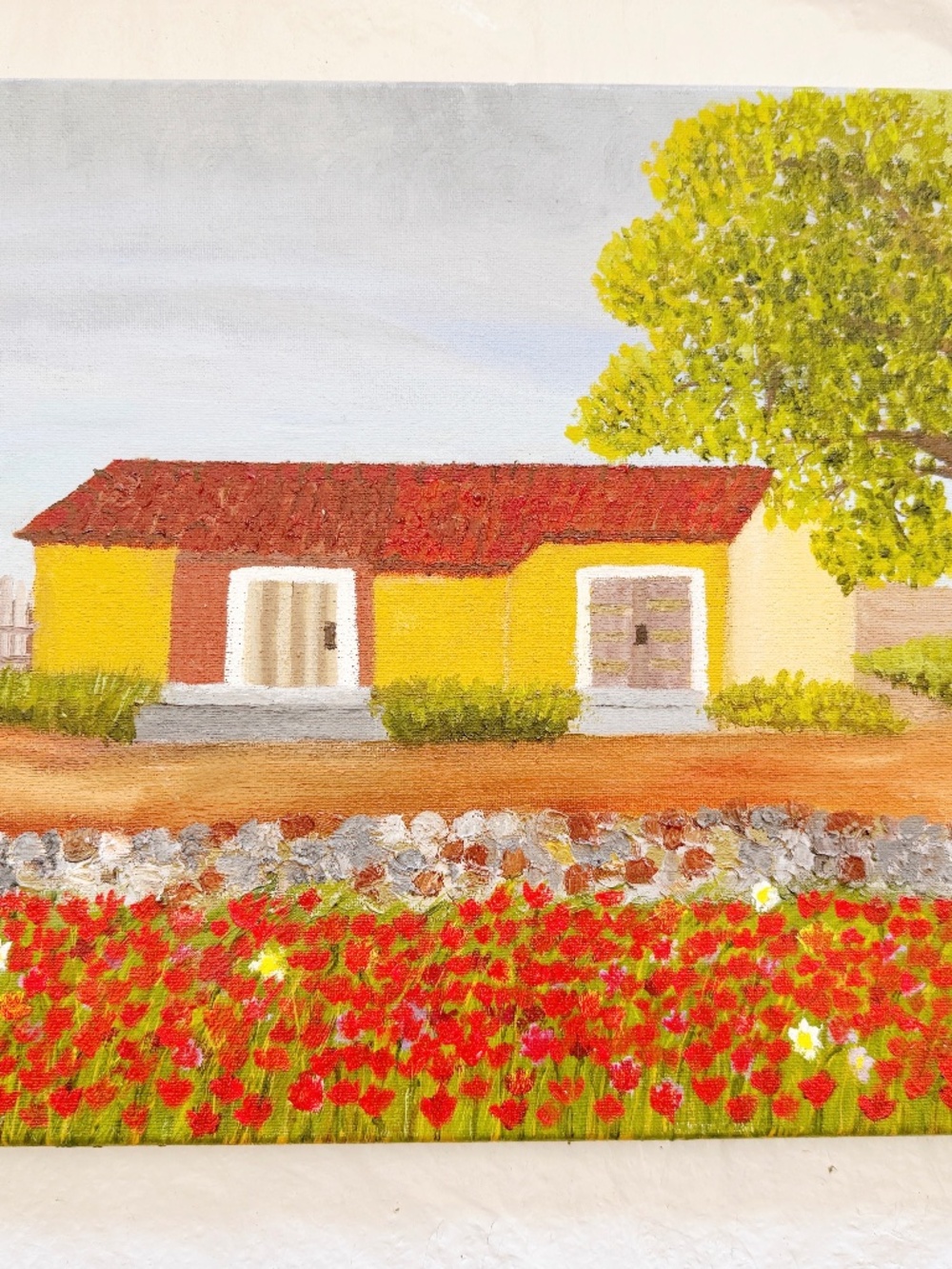 Moran Signed Original Painting Red Poppies Yellow House Landscape Wall Art 16x12